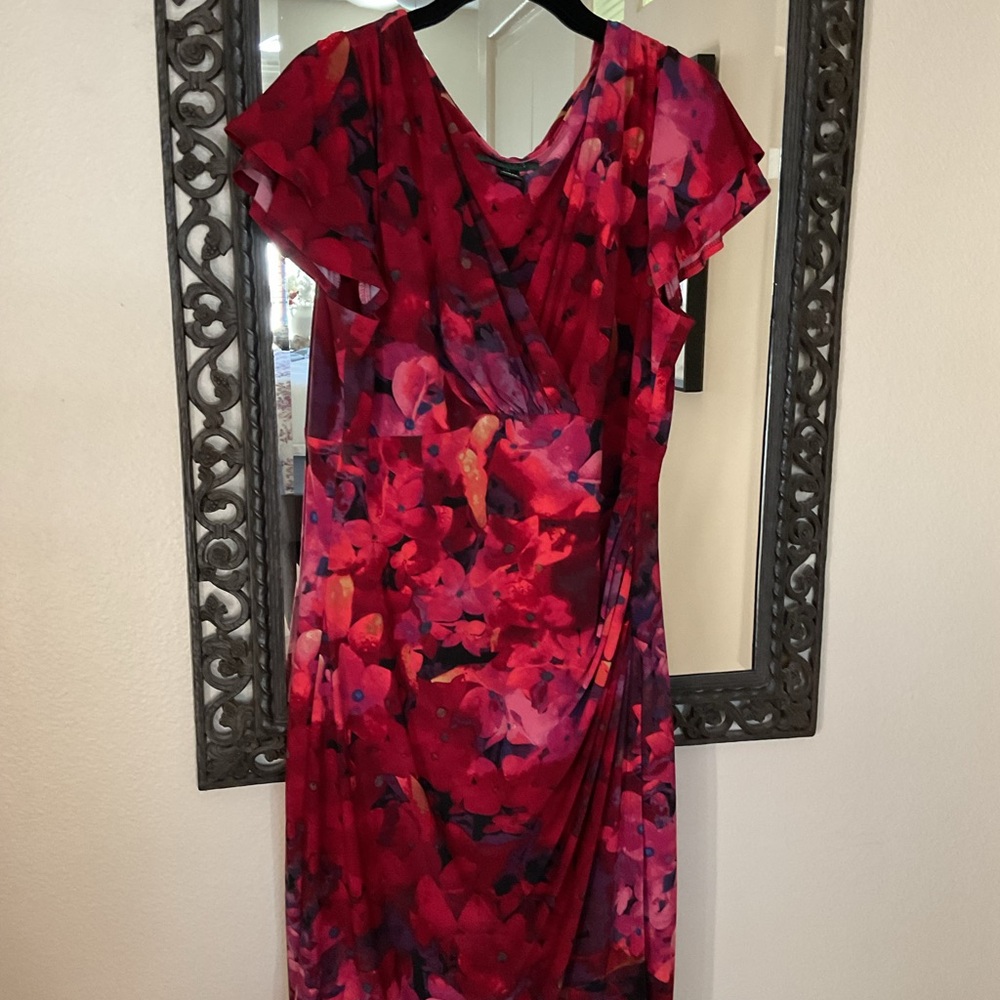 Lauren Ralph Lauren Red and Pink Floral Faux wrap Midi Dress